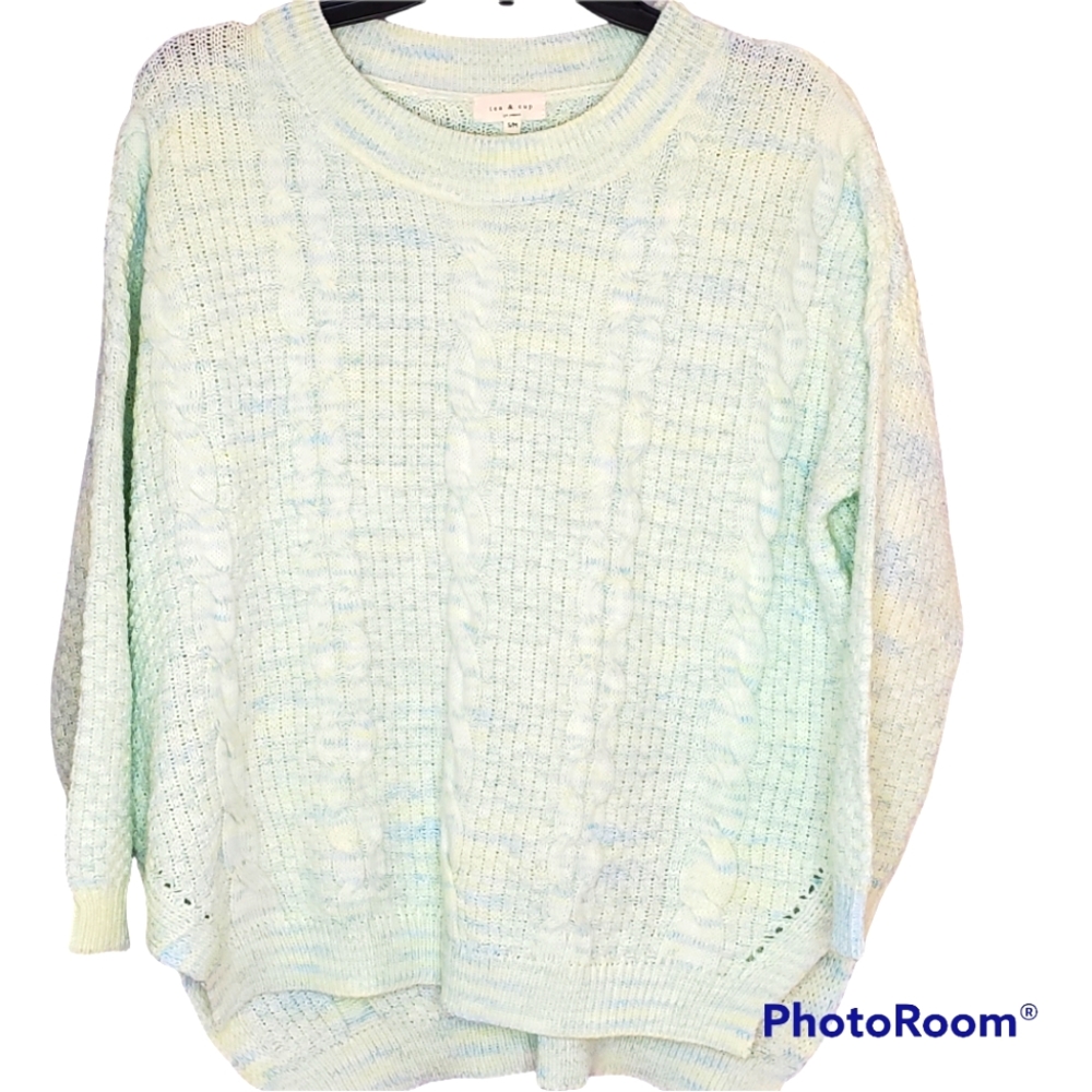 Tea n cup green blue marled crew‎ neck knit sweater split sides s/m